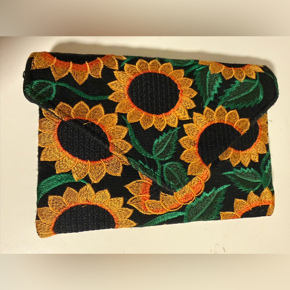 Sunflower Embroidered Black Clutch